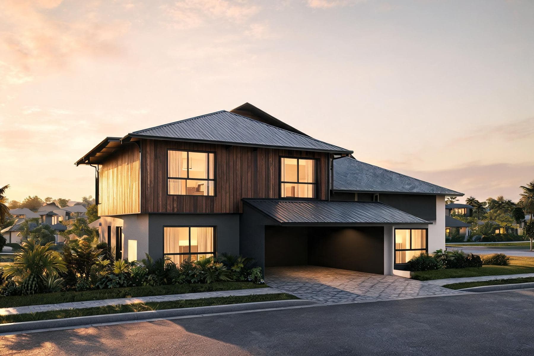 Ilustrasi rumah cluster dua lantai dengan atap miring dan carport saat matahari terbenam