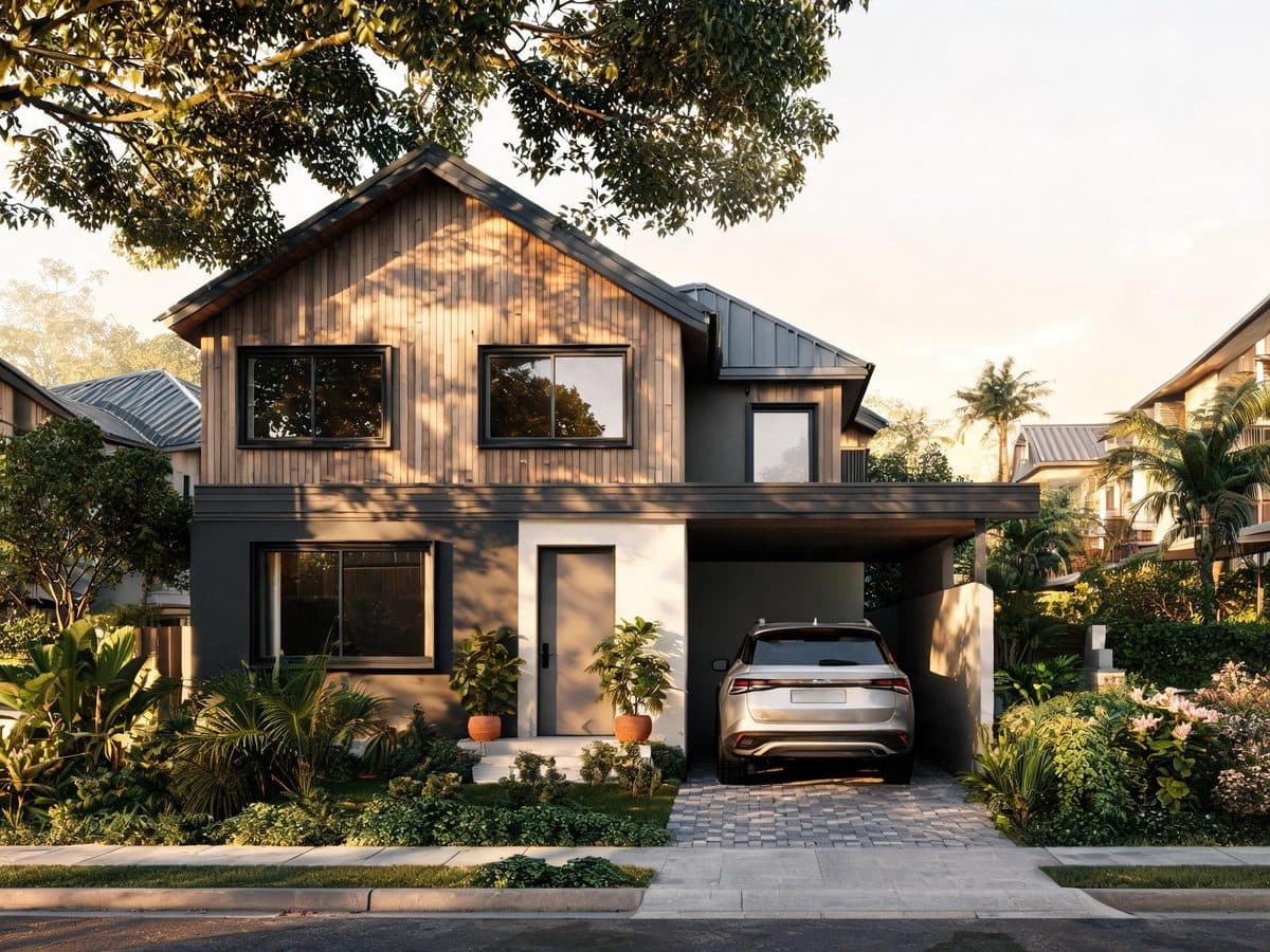 Ilustrasi rumah dua lantai dengan carport dan mobil keluarga