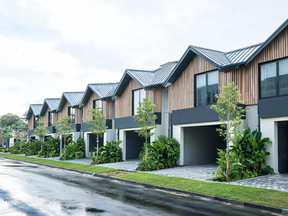 Ilustrasi deretan rumah cluster Trevista Hills di jalan yang basah sehabis hujan