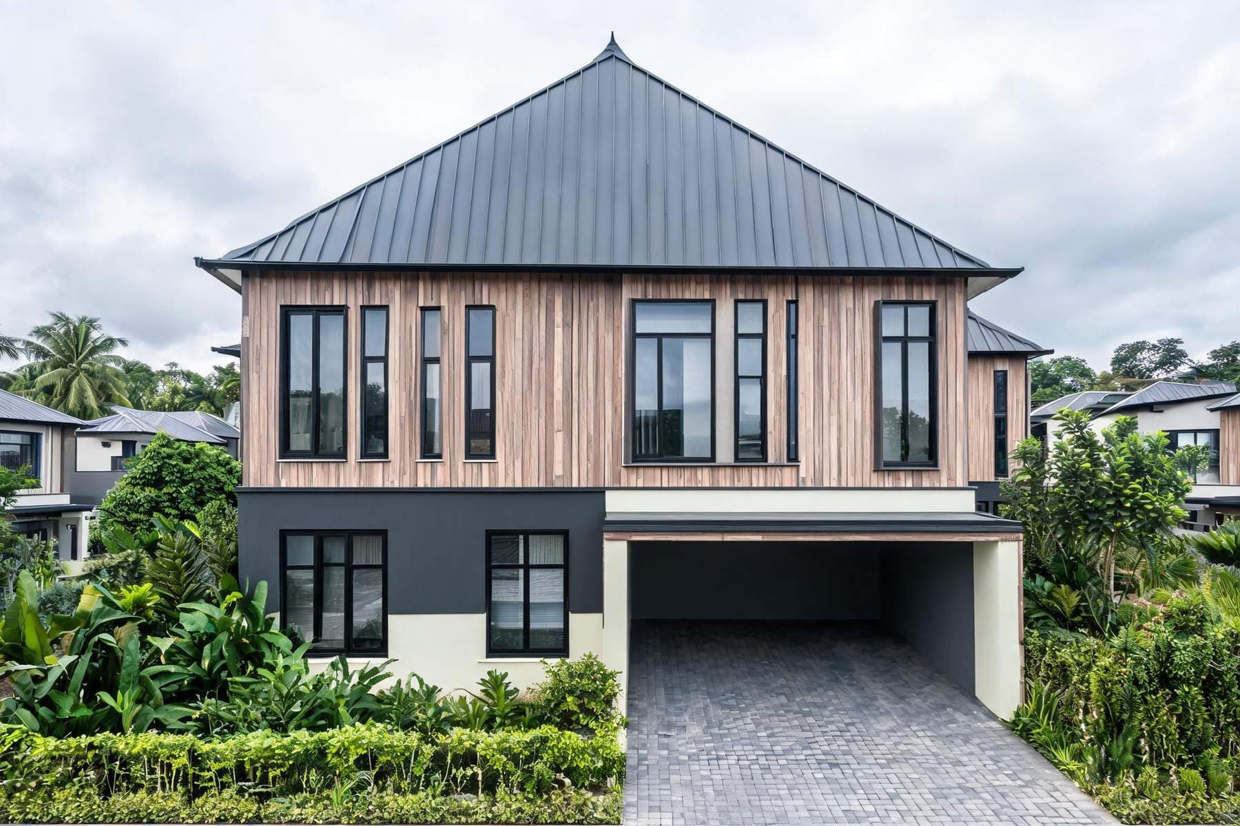 Ilustrasi tampak depan rumah Trevista Hills dengan carport dan taman